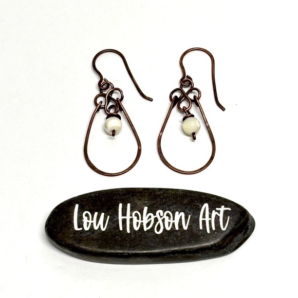 HANDMADE Mother of Pearl Wire Wrapped Copper Dangle Earrings, Gift for Mom Her - Picture 10 of 10